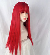 Long Red Blunt Cut Straight Wig with Bangs for Halloween